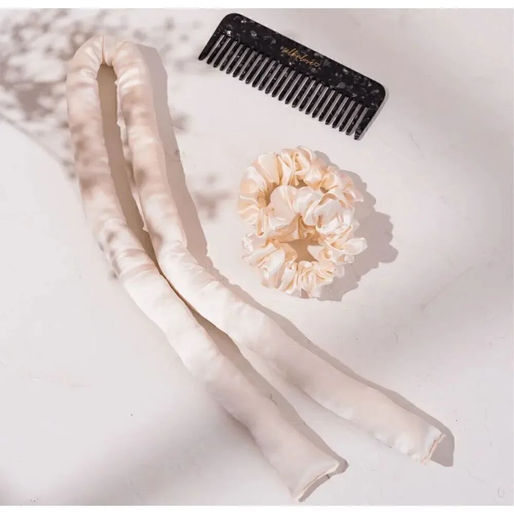 Heatless curler white satin hair tube with two satin white scrunchies ￼